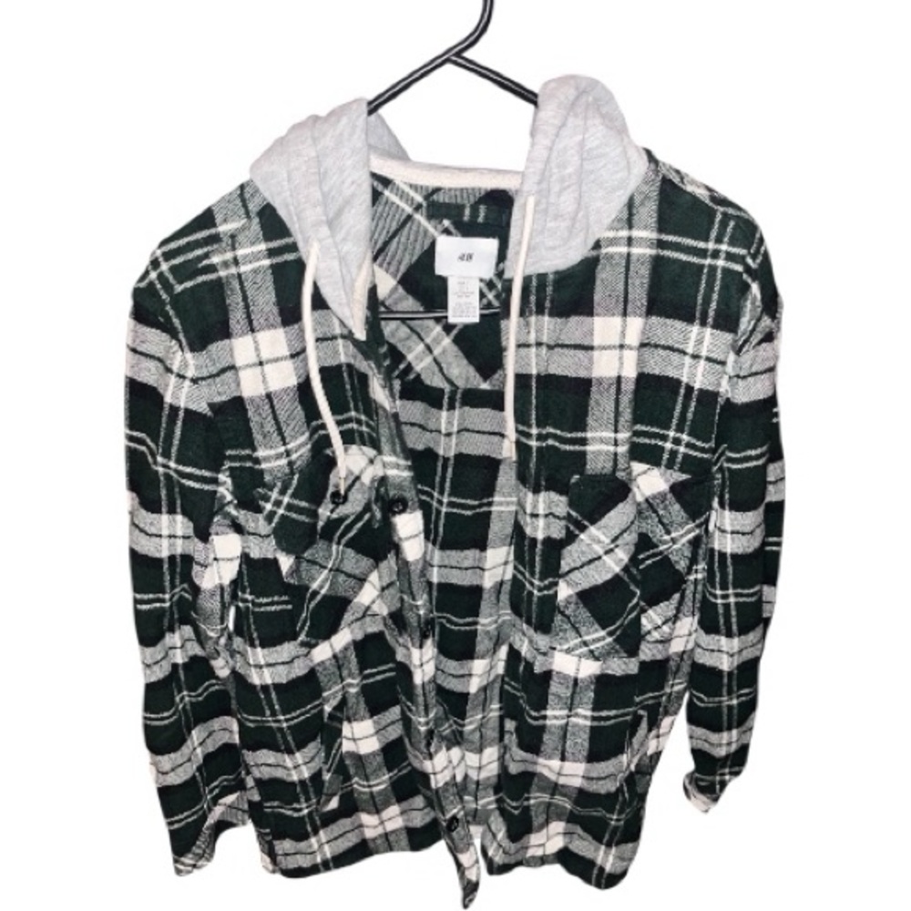2/$20 🩷 H&M Men’s Plaid Flannel Grey Hoodie Jacket SIZE SMALL BLACK WHITE